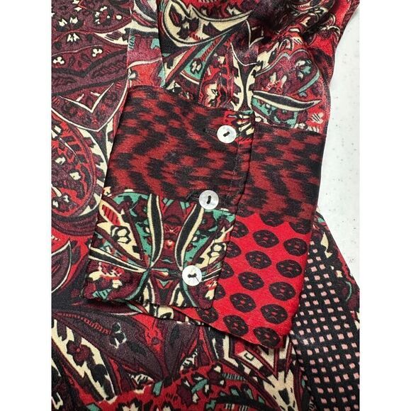 Zara Basic Women’s Size Small Red Satin Button Down BOHO Patchwork Blouse - Picture 10 of 11